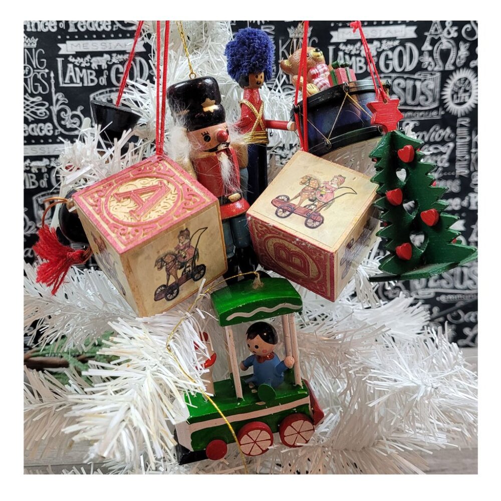8 Vintage Christmas Ornaments Nutcracker Train Blocks Toys Wood